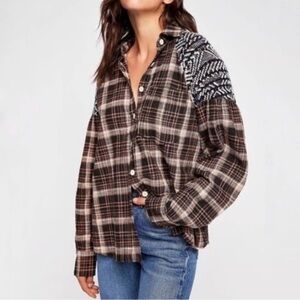 NWOT Free People Fireside Nights Plaid Button Down in Saddle Combo size S